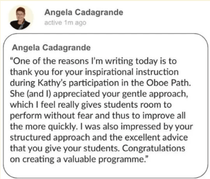Screenshot of a LinkedIn comment from Angela Cadragne praising Kathy's instructional approach for the Oboe Path.