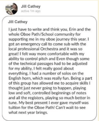 A screenshot of a social media post by Jill Cathey sharing gratitude for support from community members and describing her experience learning to play the oboe, including technical adjustments and her progress.