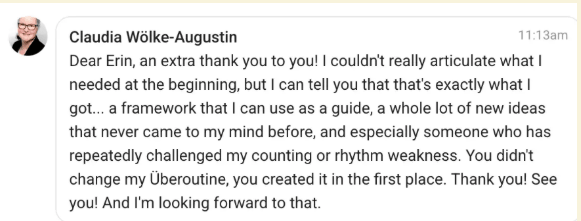 Screenshot of a message from Claudia Wölke-Augstin thanking Erin for her help, mentioning a framework, new ideas, and rhythmic challenges.