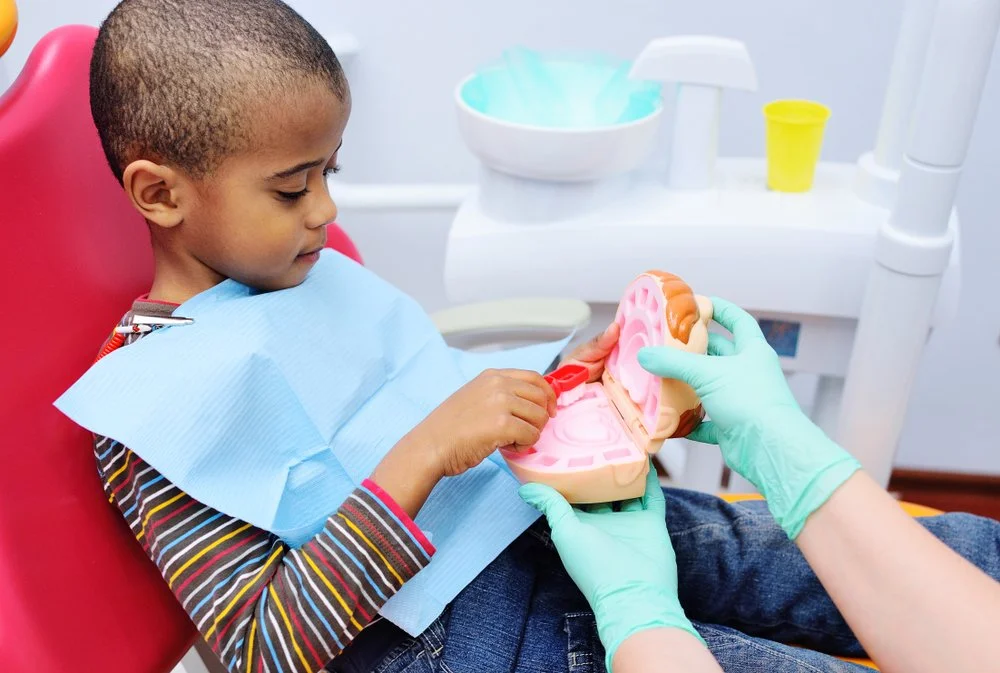 Young boy at the dentist's office holding a model of teeth with a dentist showing him how to brush.