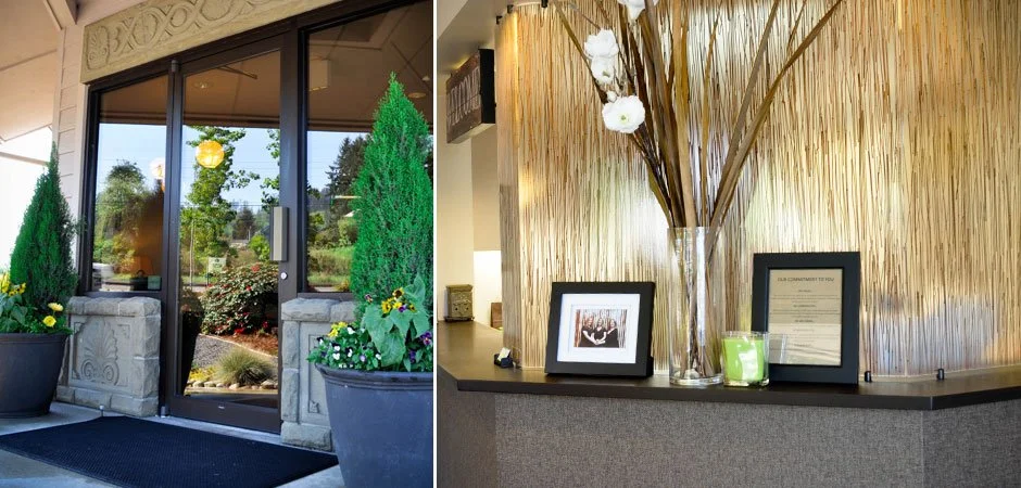 Left side shows a glass door entrance with potted plants and a garden outside. Right side shows a reception desk with a tall vase of flowers, framed certificates, and decorative items against a bamboo wall.