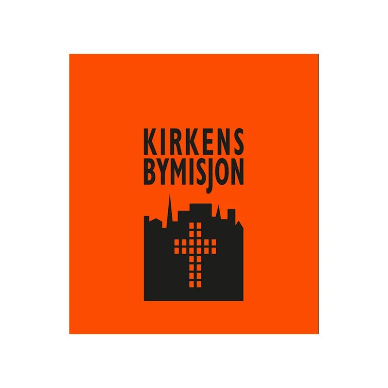 En plakat med oransje bakgrunn og svart skisse av en kirke med et kors. Tekst: "Kirkens Bymisjon."