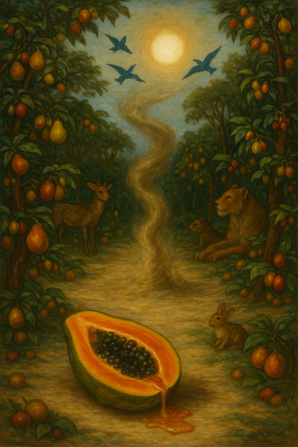 A surreal landscape with a full moon casting a glow, trees laden with orange and yellow fruit, a deer, a lioness with a cub, a rabbit, and a large halved papaya with black seeds and juice spilled on the ground.