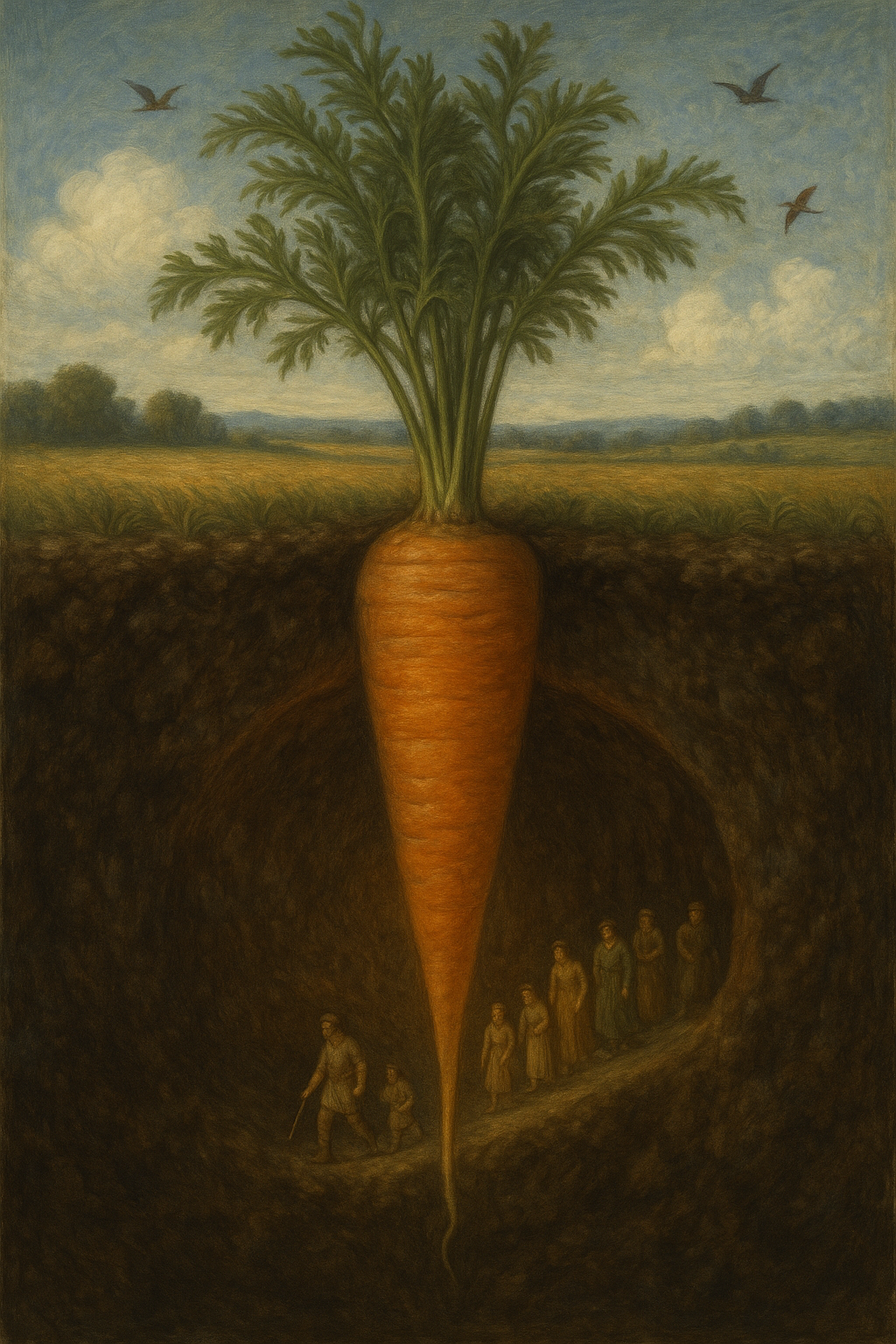 A large carrot with green leafy tops emerging from the ground, with people walking in the underground space beneath it, and birds flying in the sky above.