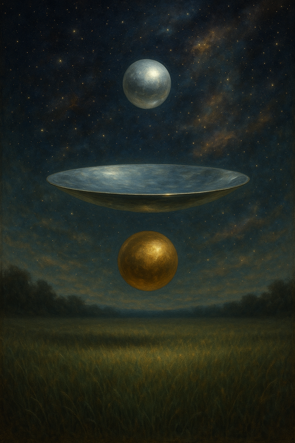 Space scene with a starry sky, a silver moon above a flat, shiny disk, and a golden sphere below in a landscape at night.