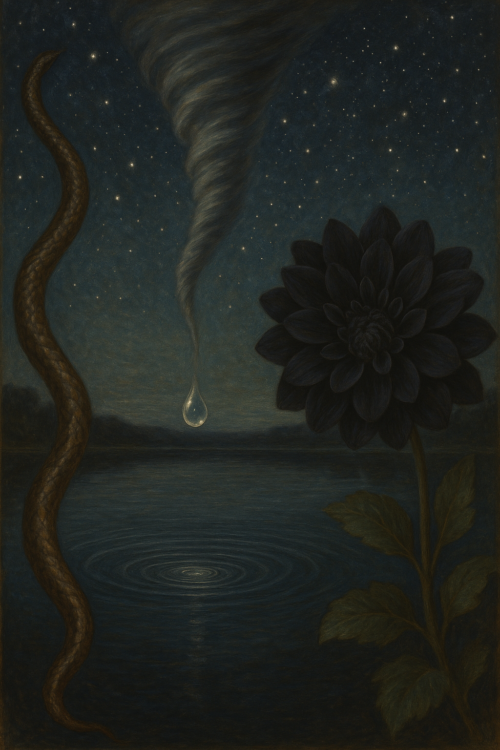 A dark painting featuring a starry night sky, a large black flower in the foreground, a tornado-shaped cloud with a single teardrop-shaped water droplet falling, a snake on the left, and a body of water with ripples at the bottom.
