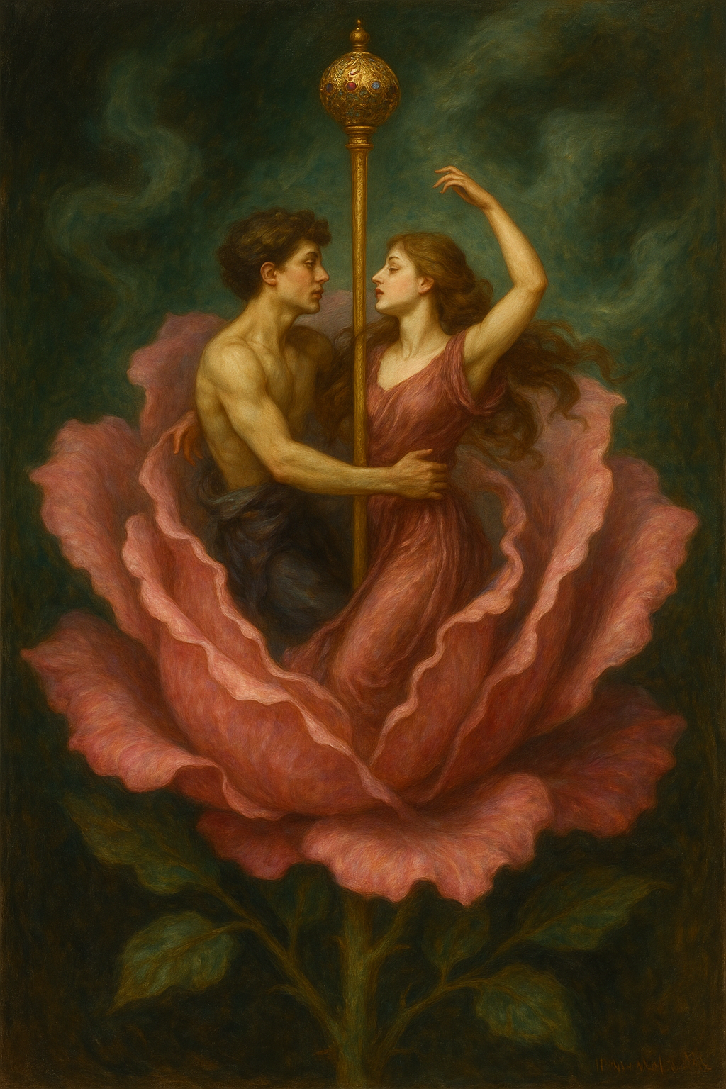A painting of a man and woman within a large pink flower, holding a staff with a decorative orb at the top, against a dark background.