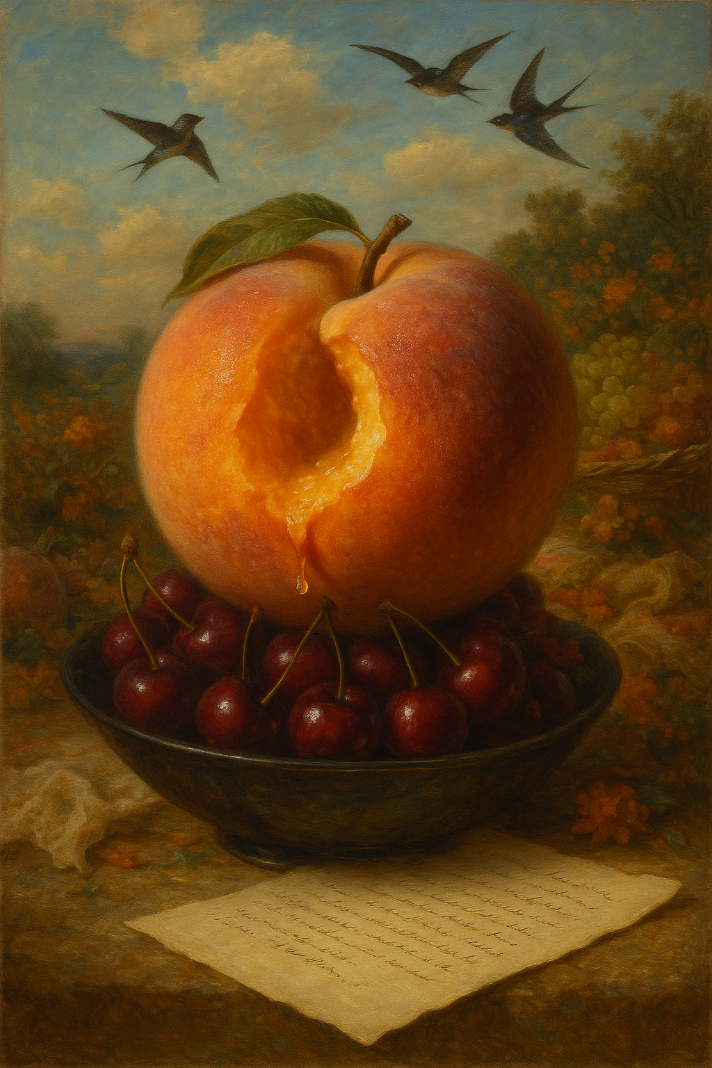 A realistic painting of a large peach with a bite taken out of it, placed on a bowl of cherries, with three birds flying in the sky above. A letter lies in the foreground.