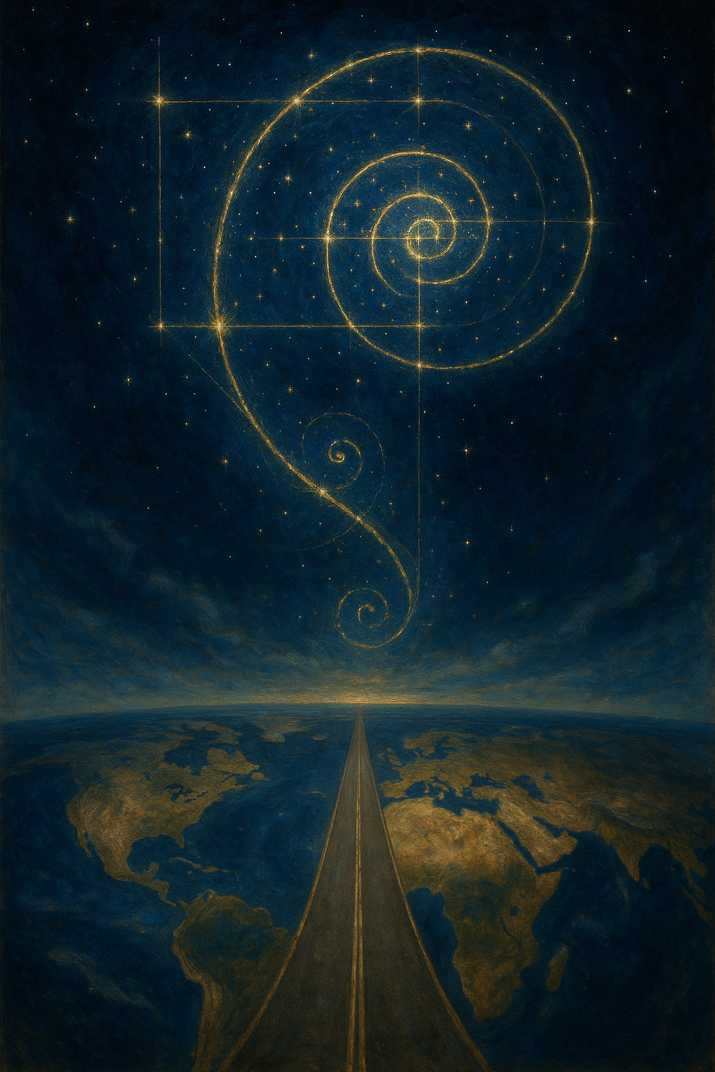 A surreal painting showing the Earth from space with a road leading from the horizon to the sky, where a golden spiral galaxy with star-like points forms a large spiral shape.