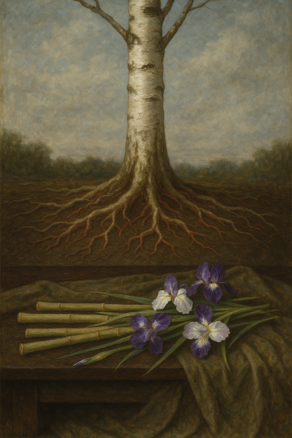 A painting of a large tree with visible roots, and irises and bamboo stalks placed on a wooden surface in the foreground.