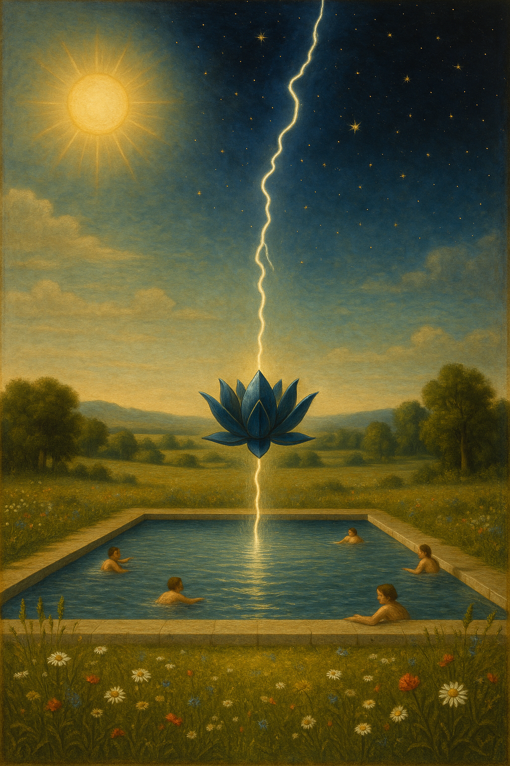 A surreal painting of a pond with four people swimming, a large blue lotus flower above the pond, and a lightning bolt striking through the flower into the ground. The sky is split between a sunny side with a bright sun and a starry night with stars.