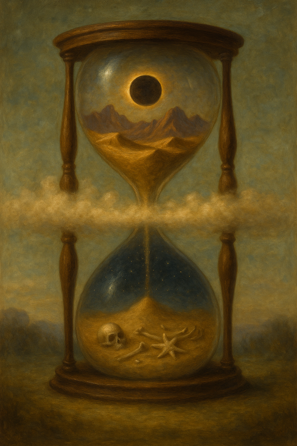 A surreal painting of an hourglass with the top chamber showing a solar eclipse over mountains and the bottom chamber filled with sand, a skull, and a starfish.