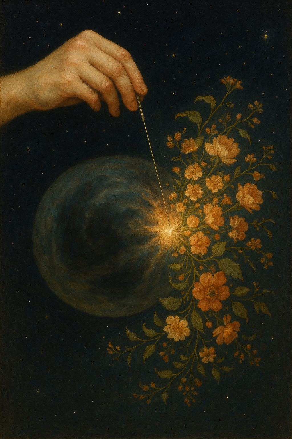 A hand holding a needle, with the needle connected to a glowing point in space, surrounded by flowers, celestial background with stars.