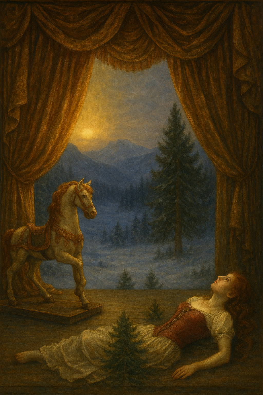 A girl lying on the floor next to a small pine tree, looking up at a window with heavy golden curtains. Outside the window are mountains, pine trees, and a moonlit sky, with a white horse model standing on a platform near the girl.