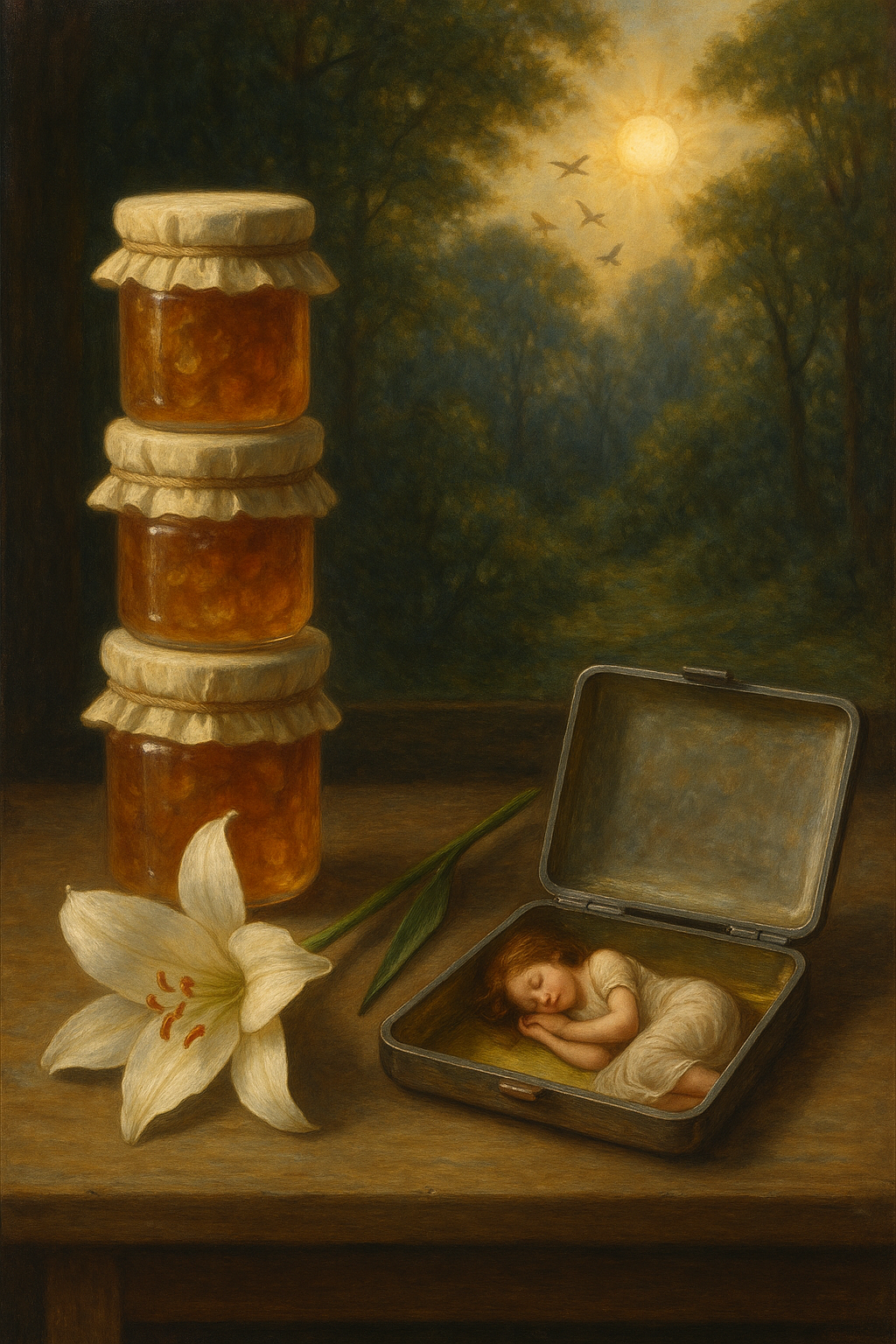 A stack of five jars of honey covered with cloth, a white lily flower, and a small girl sleeping inside an open jewelry box are placed on a wooden surface. The background depicts a forest scene with trees, a setting sun, and flying birds.