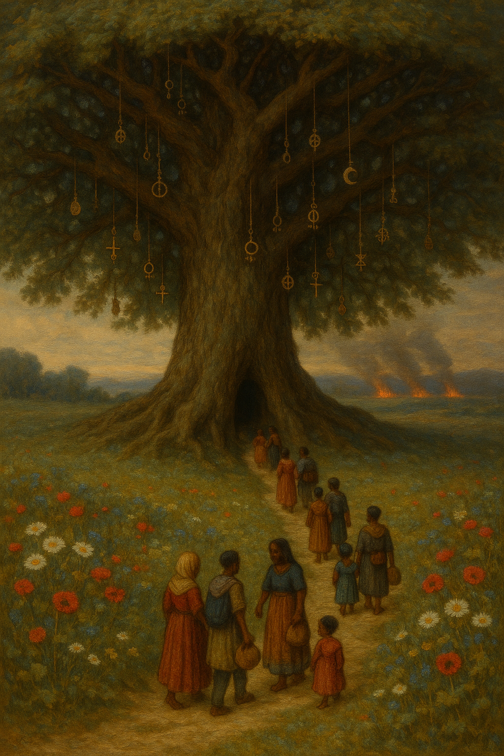 A large tree with various keys hanging from its branches. People, including women and children, are walking toward the tree along a dirt path surrounded by flowers, with smoke and fires visible in the background.