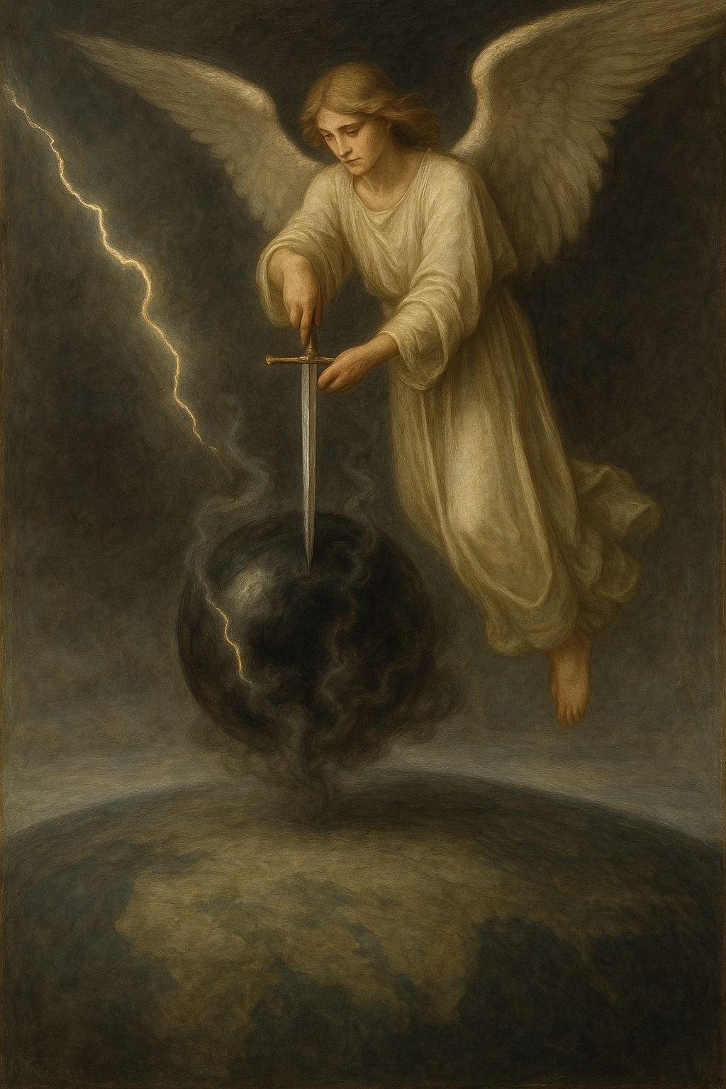 A painting of a supernatural figure with angel wings, a flowing robe, and a serene expression, holding a sword and planting it into a dark, smoky globe, with lightning in the background.