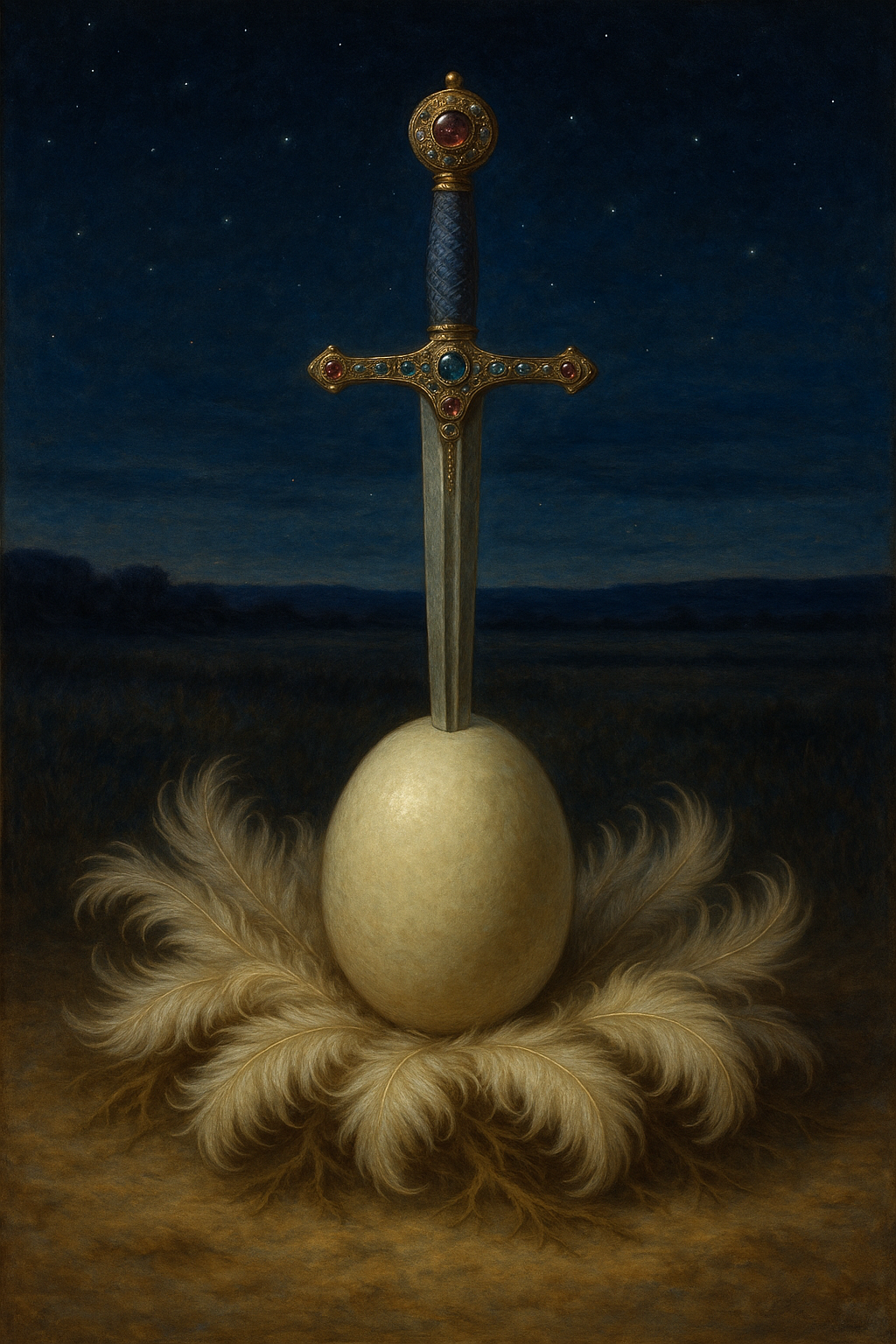 A painting of a sword with a jeweled hilt, inserted into a large egg resting on a bed of feathers, against a dark night sky with stars and distant landscape.