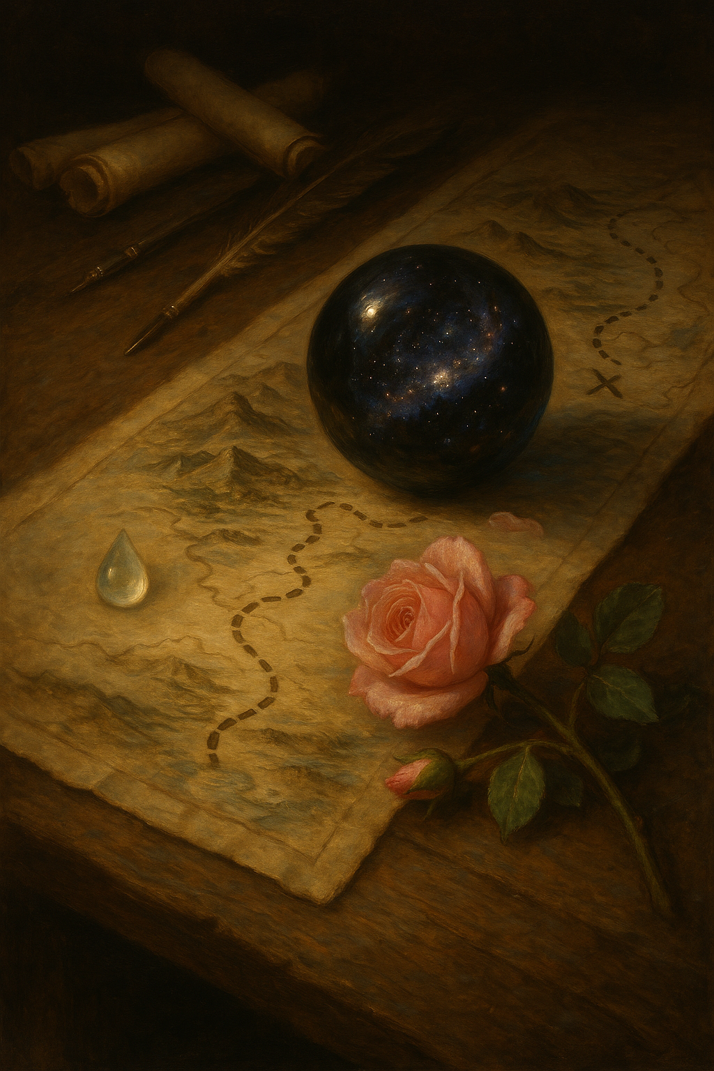 A mystical scene featuring a vintage map, a rose, a crystal drop, a black sphere resembling a galaxy, and writing tools on an antique wooden surface.