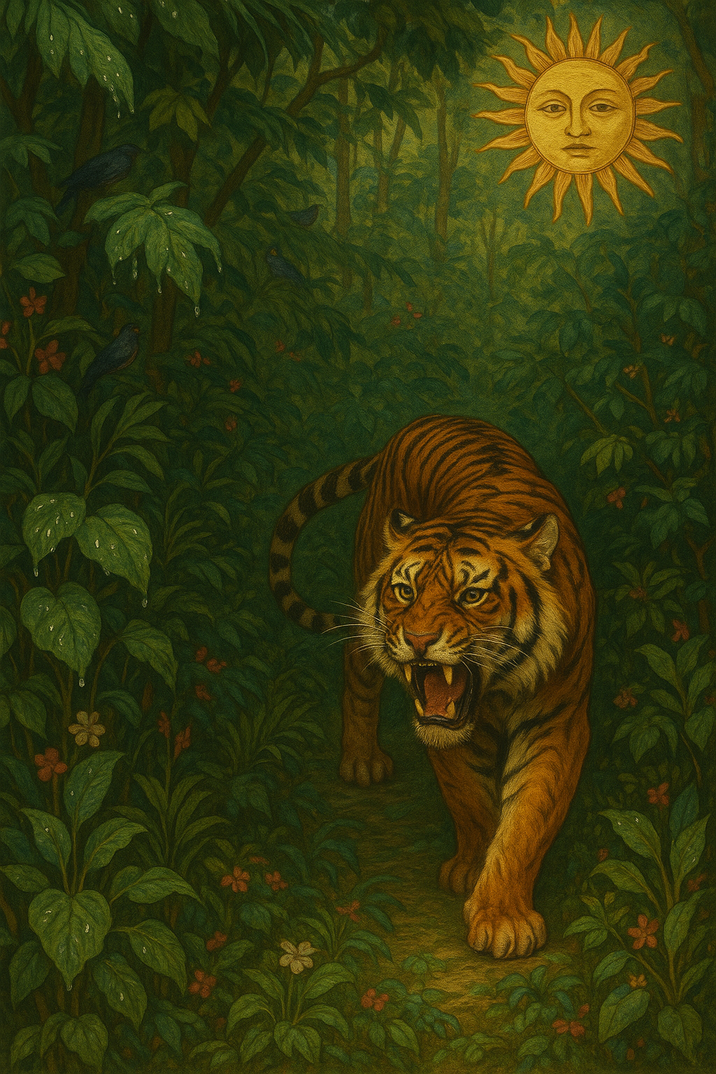 A painting of a jungle scene with a fierce roaring tiger walking on a path among green foliage and flowers, with a stylized sun with a human face in the sky.