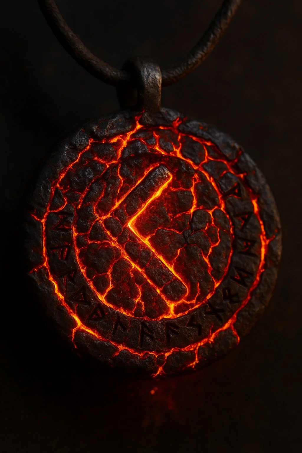 Close-up of a circular pendant with glowing red lava cracks and Viking-style inscriptions around the edge, attached to a dark cord.
