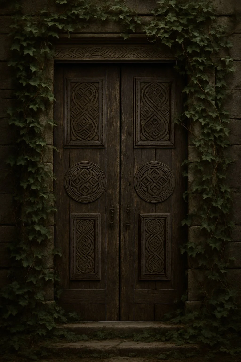 Dark wooden double door with intricate carvings, surrounded by green ivy and stone framing.