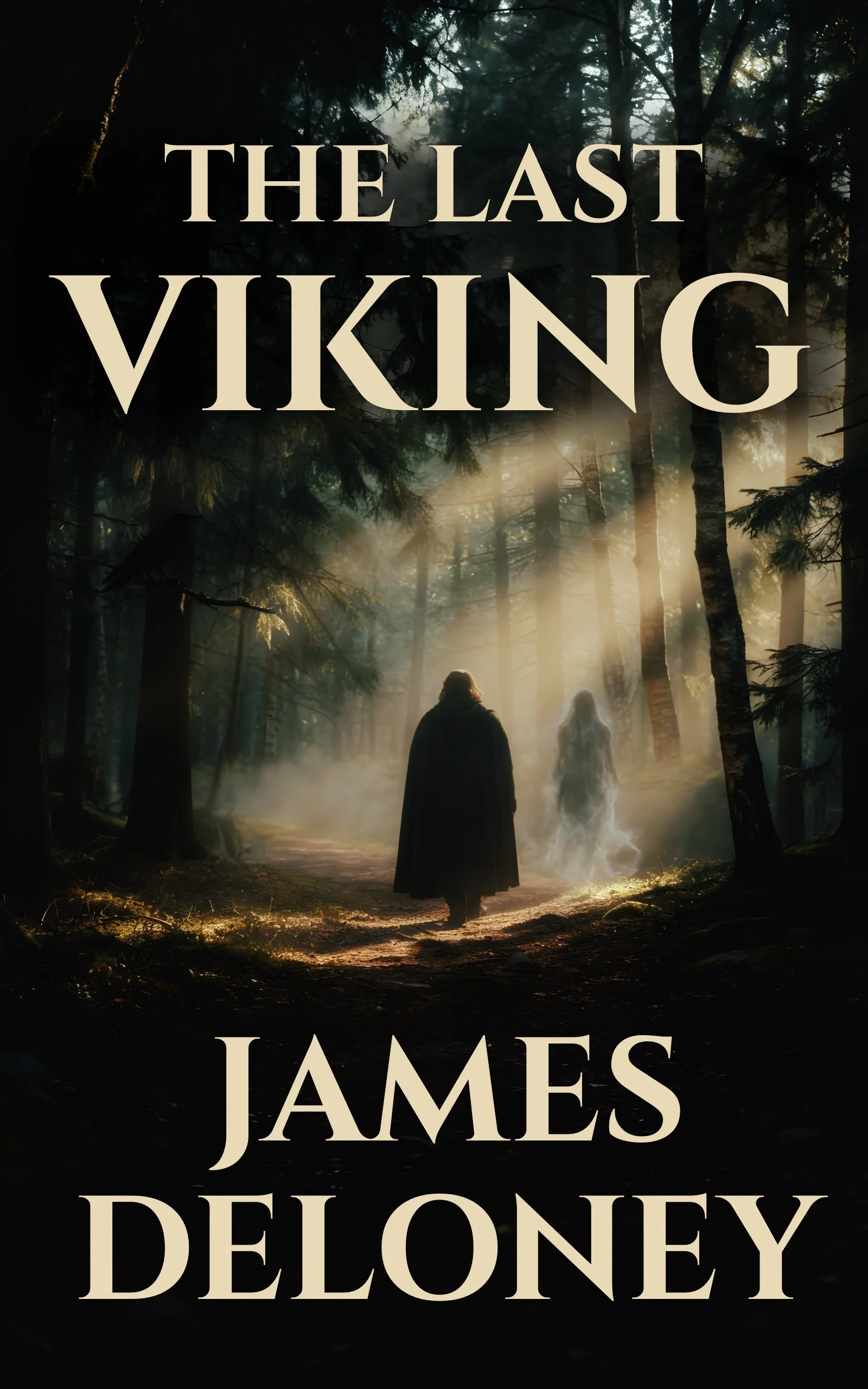 Book cover for 'The Last Viking' by James DeLoney, depicting a mysterious foggy forest with a person walking along a trail, sunlight streaming through the trees.