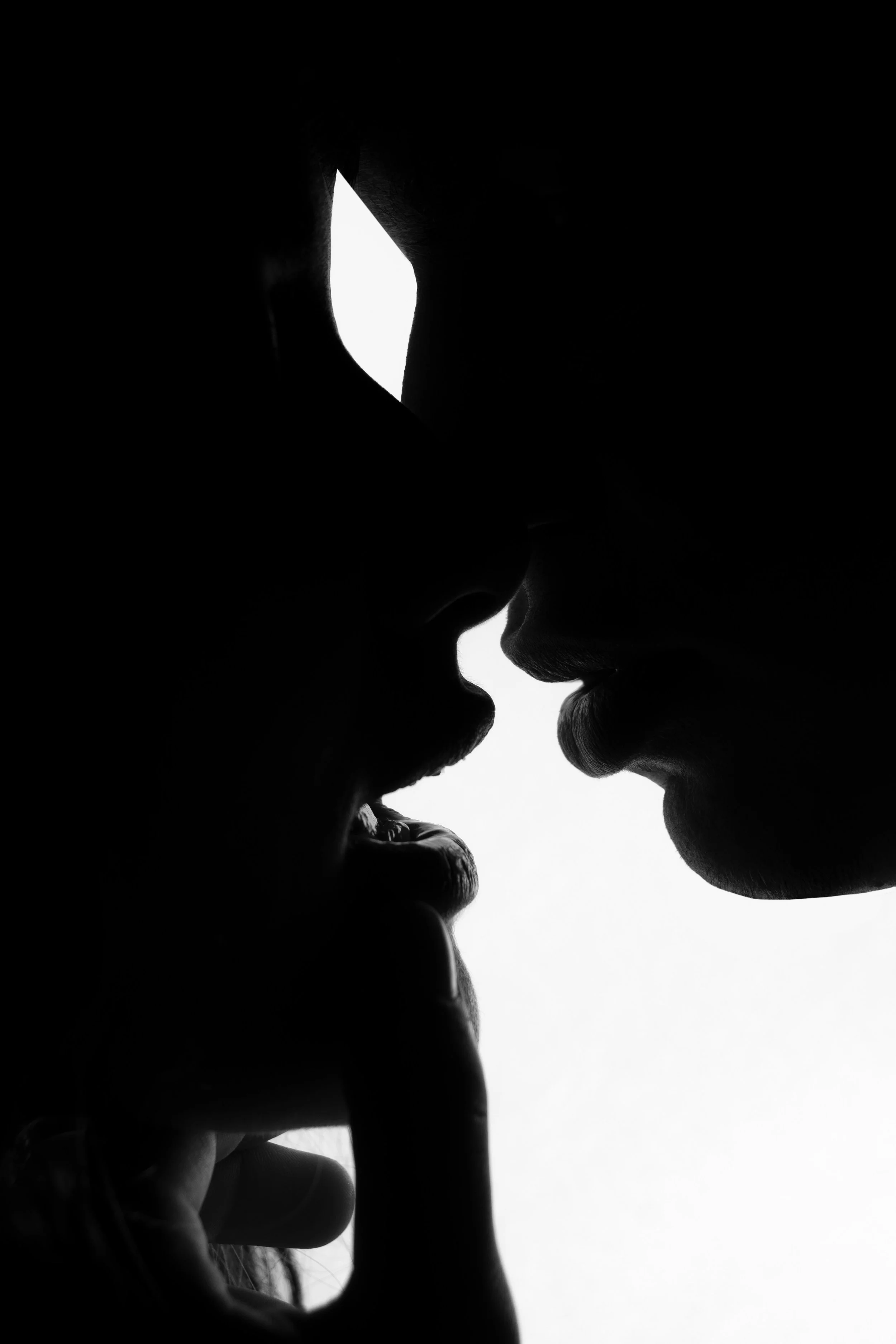A black and white image of two shadowy figures. The shot is a close-up on their faces as they are about to kiss.