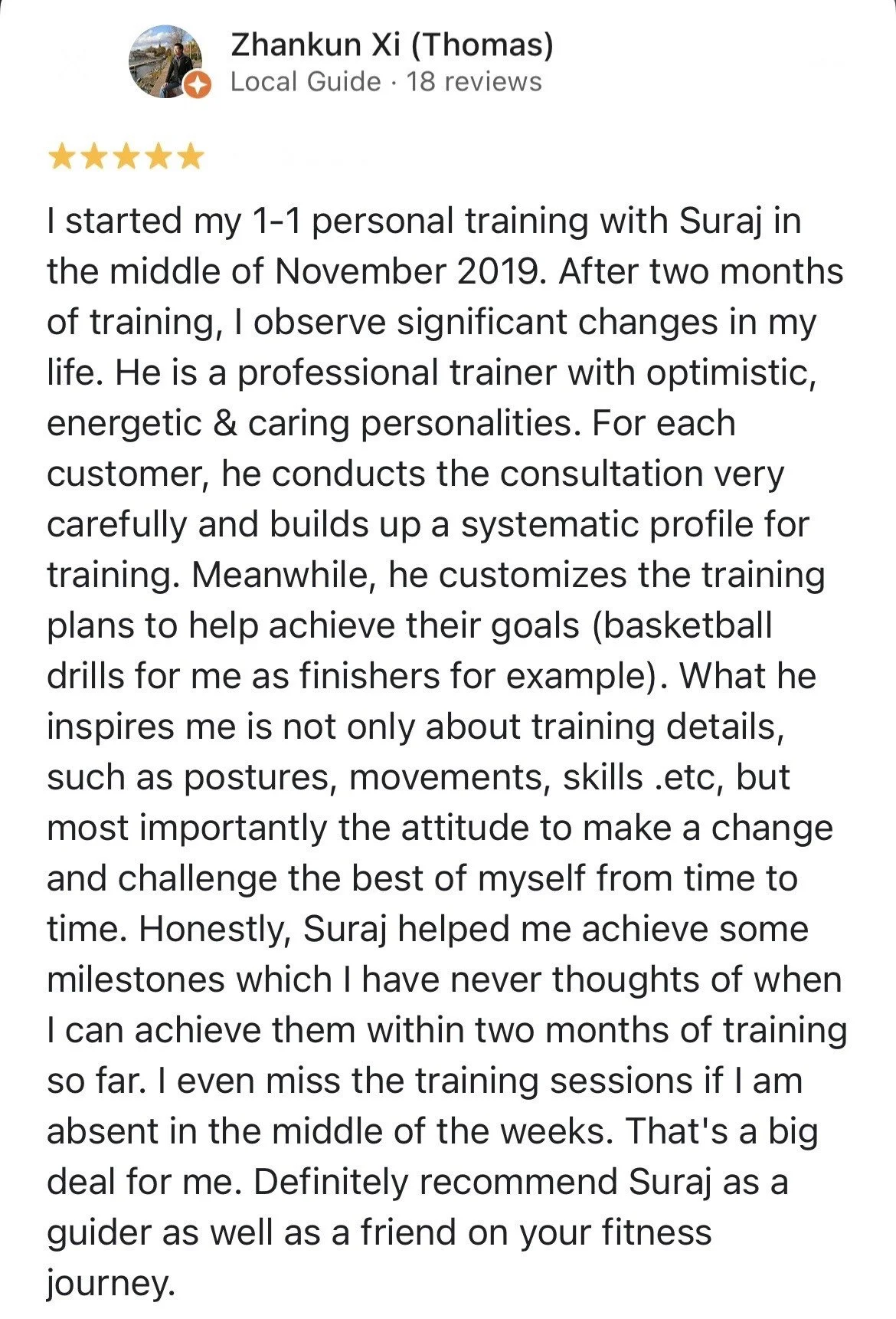 Review text about personal training experience with Suraj, praising his professionalism, customized training plans, and positive attitude.