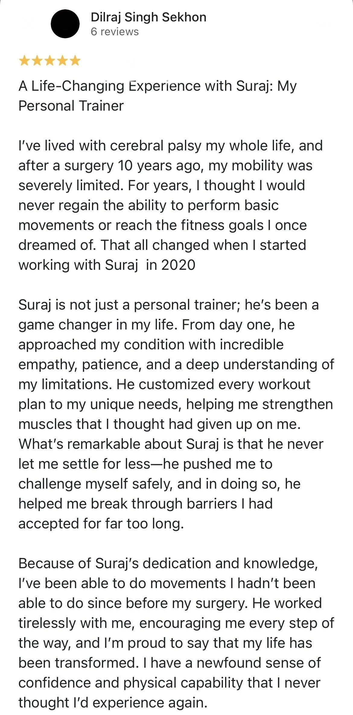 Screenshot of a review by Dilraj Singh Sekhon about a personal trainer named Suraj, describing his positive experience and how Suraj helped improve his mobility and confidence.