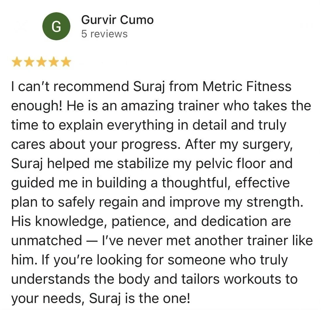 Customer review for a fitness trainer, mentioning a five-star rating, with text praising trainer Suraj from Metric Fitness for his patience, dedication, and effective guidance in physical therapy and strength rebuilding after surgery.