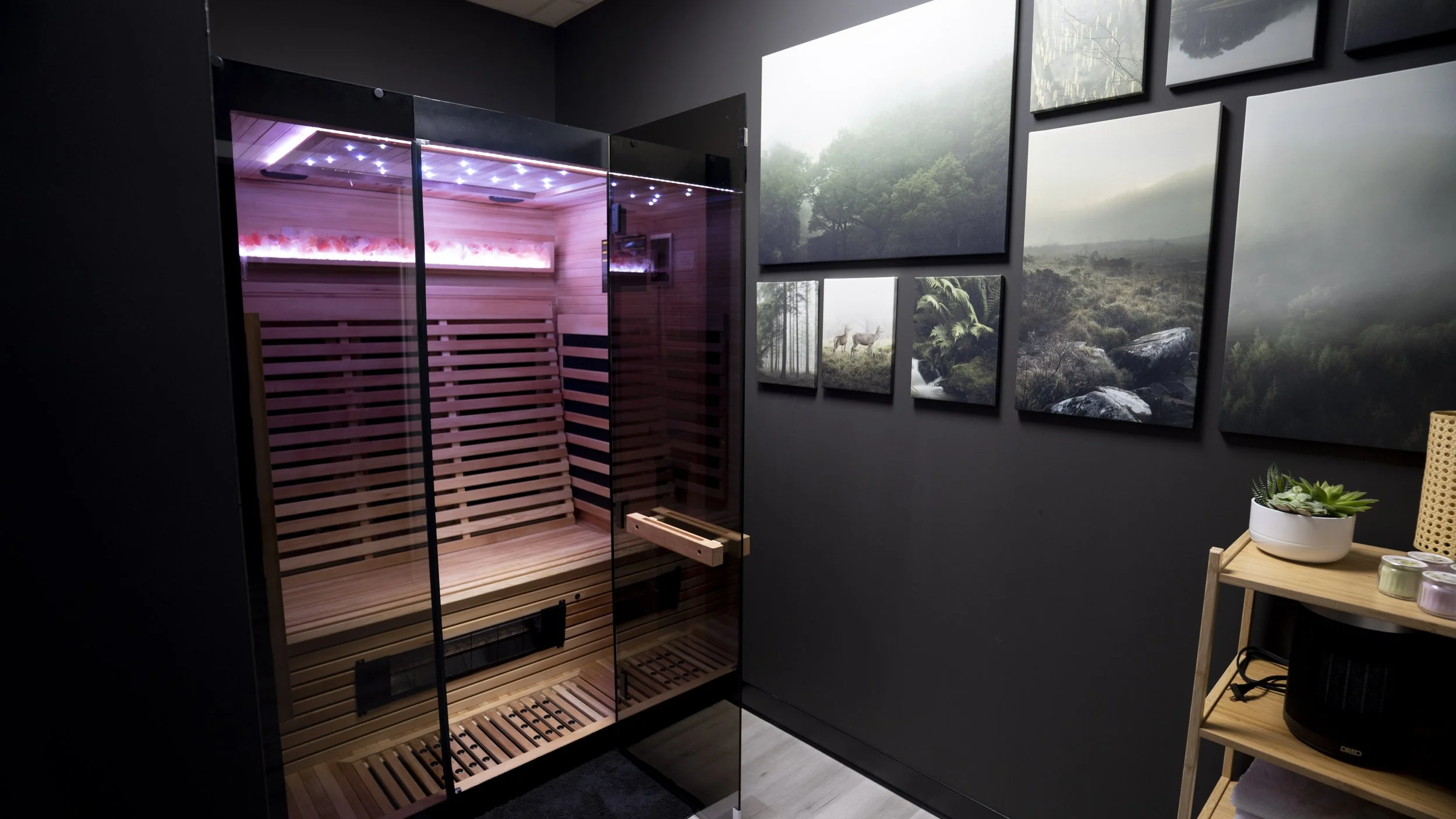 A room with a glass-door sauna with wooden interior and purple lighting on the ceiling. A wall decorated with landscape photographs and a small wooden shelf with potted plants and candles. Sauna has red light therapy and Himalayan salt.  