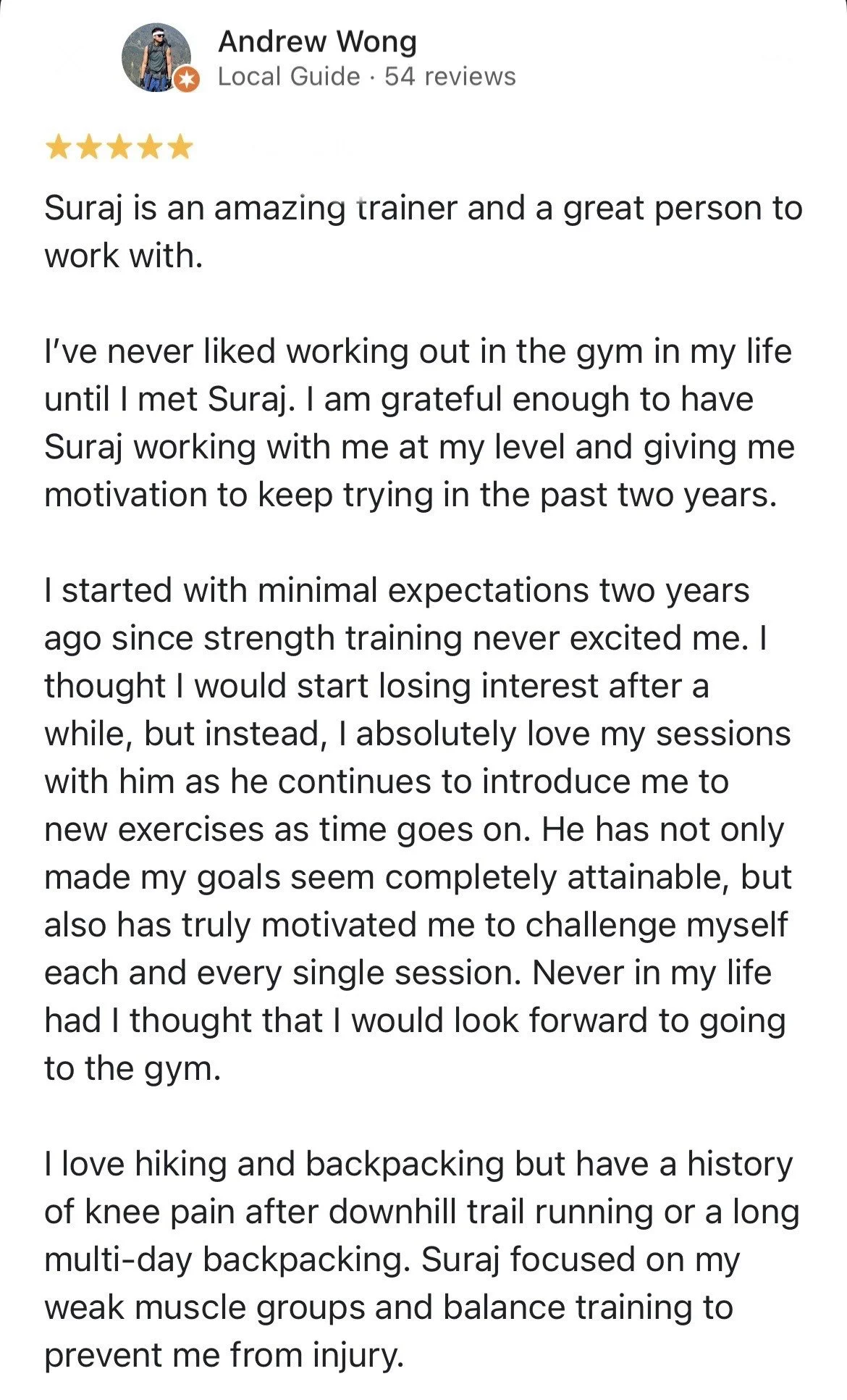 Screenshot of a positive review for Suraj, a fitness trainer, written by Andrew Wong. The review praises Suraj's training methods and motivational support.