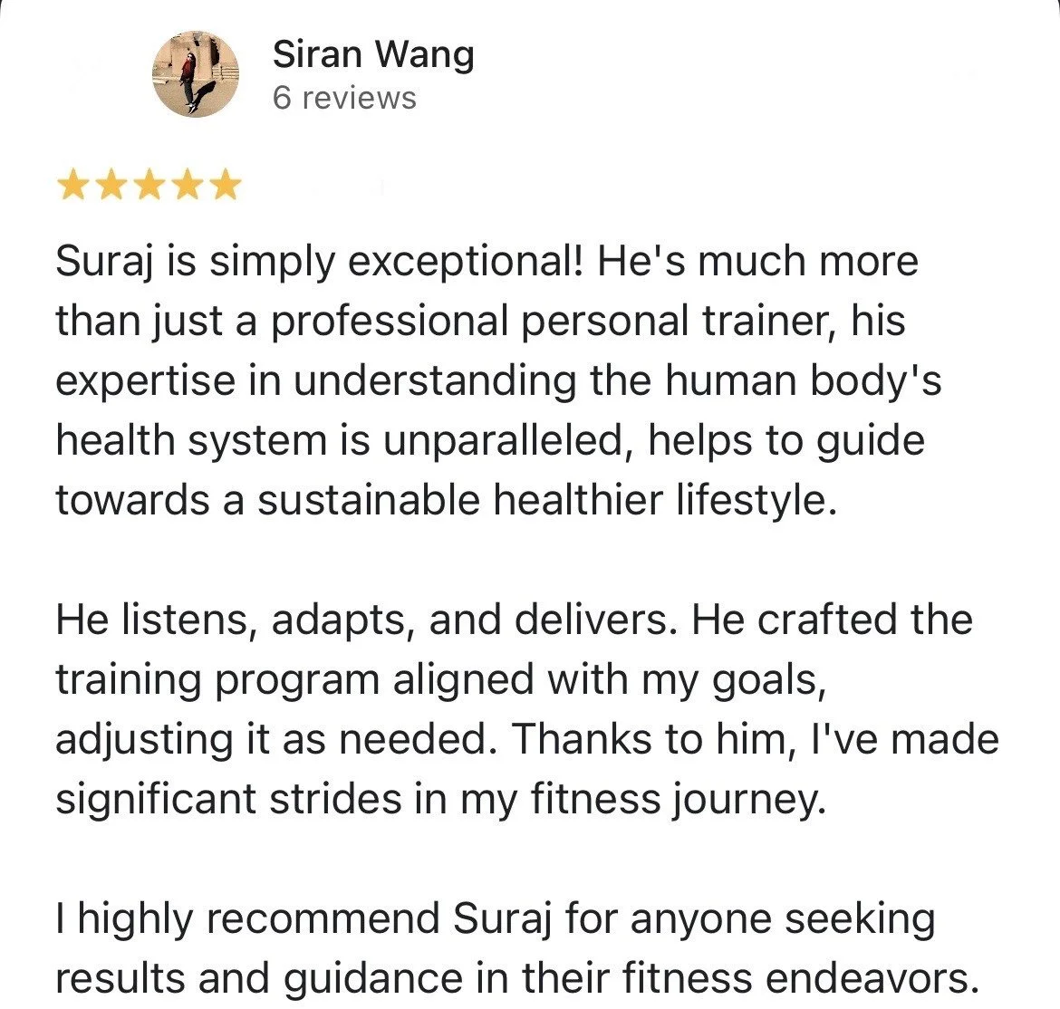 Screenshot of a 5-star review for Suraj, praising his expertise and personalized training approach, with positive feedback about progress in fitness journey.