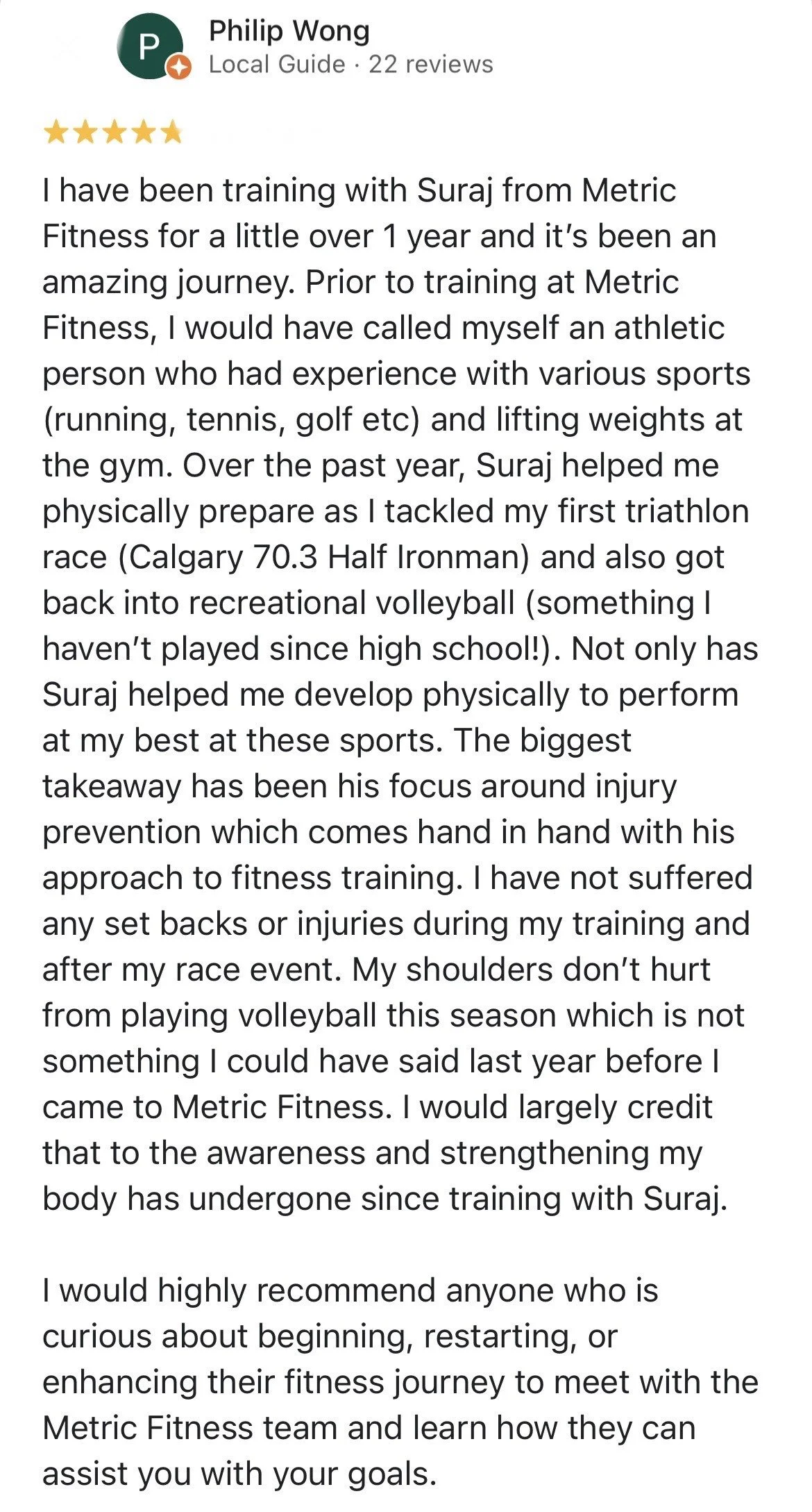 Screenshot of a positive review for Philip Wong, a fitness coach at Metric Fitness, praising his training program and its impact on physical fitness and injury prevention.