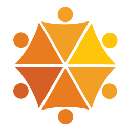 A geometric design with a central hexagon divided into six triangles, surrounded by six small circles, in orange and yellow tones.