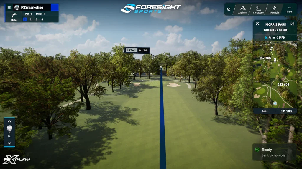 FSX Play Virtual golf course view from the tee box at Morris Park Country Club, showing a straight fairway with trees on both sides, distance markers, and a map of the hole layout on the right side.