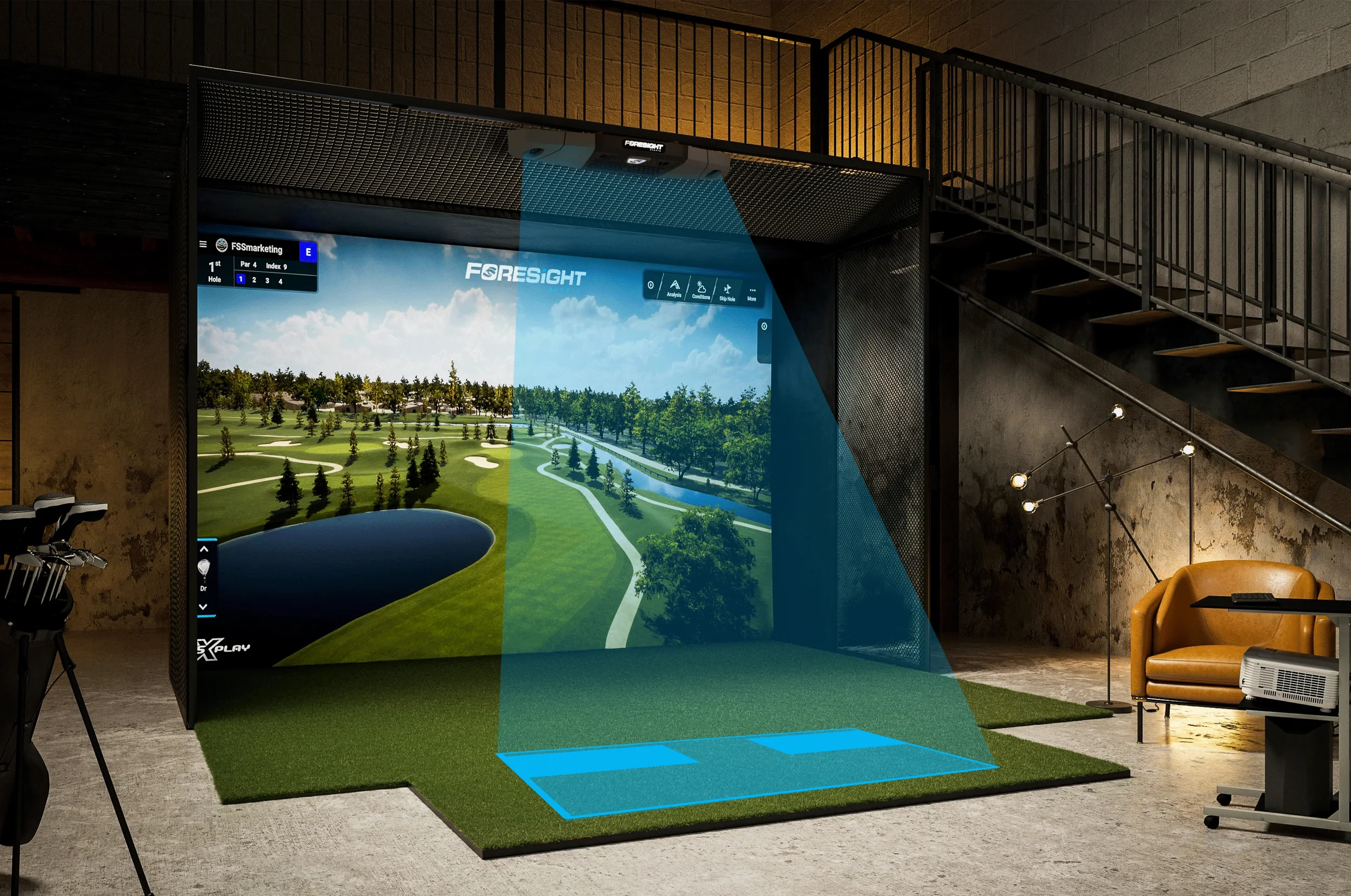 Foresight Sports Falcon Launch Monitor. Indoor golf simulation room with a large screen displaying a golf course, a golf swing mat, a set of golf clubs, a lounge chair, and a small table with a projector.