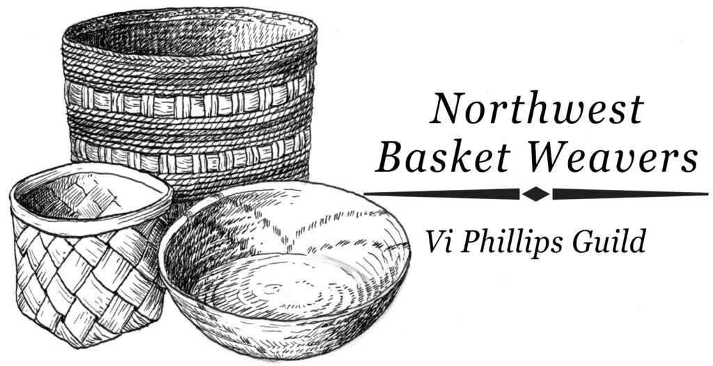 Drawing of three woven baskets of different shapes and sizes, with text reading 'Northwest Basket Weavers' and 'Vi Phillips Guild'.