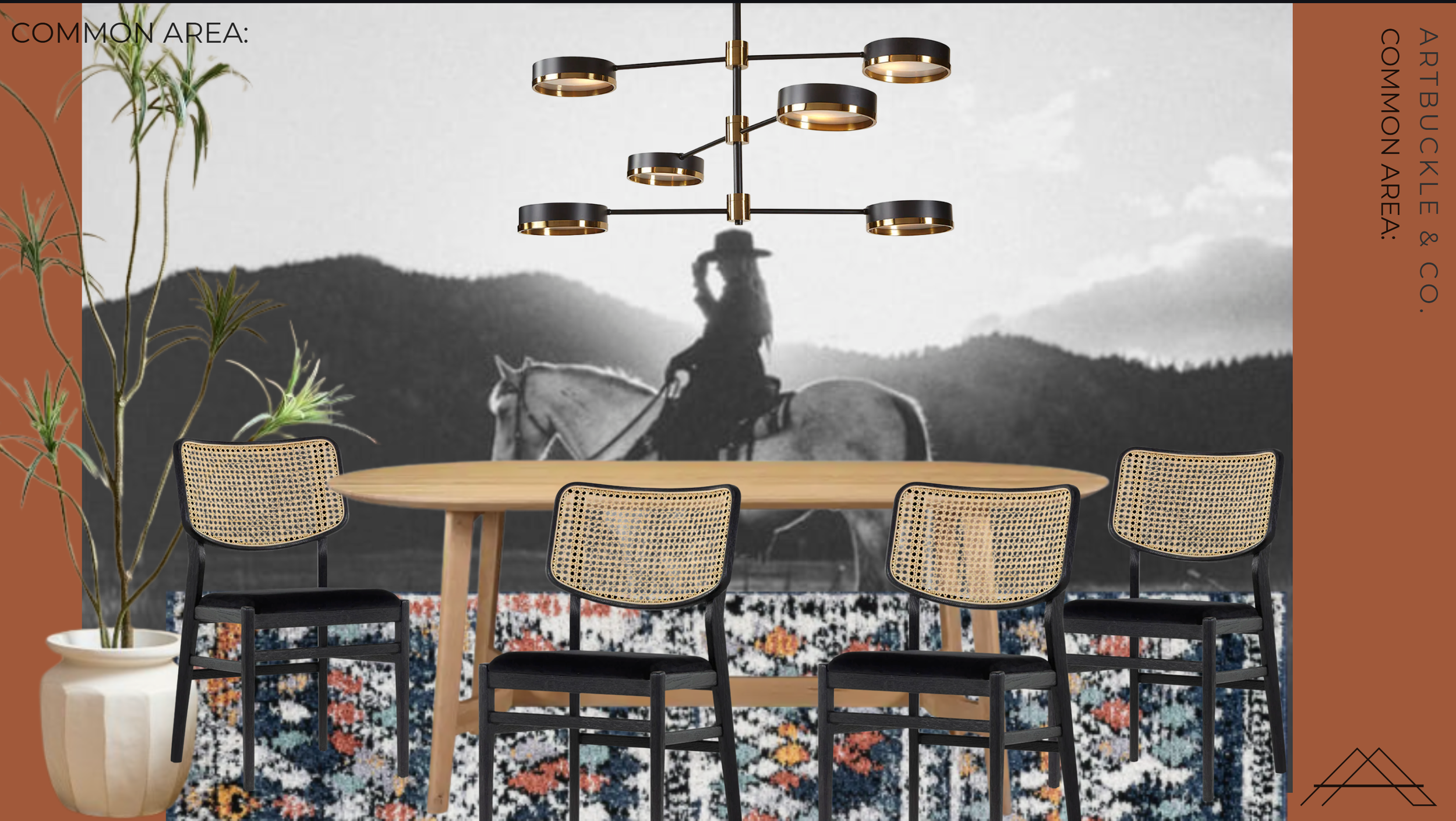 3D concept rendering of a resident dining area at Gateway Park in Dallas, TX, featuring a brass chandelier, wood dining table, and western art, designed by Artbuckle & Co.