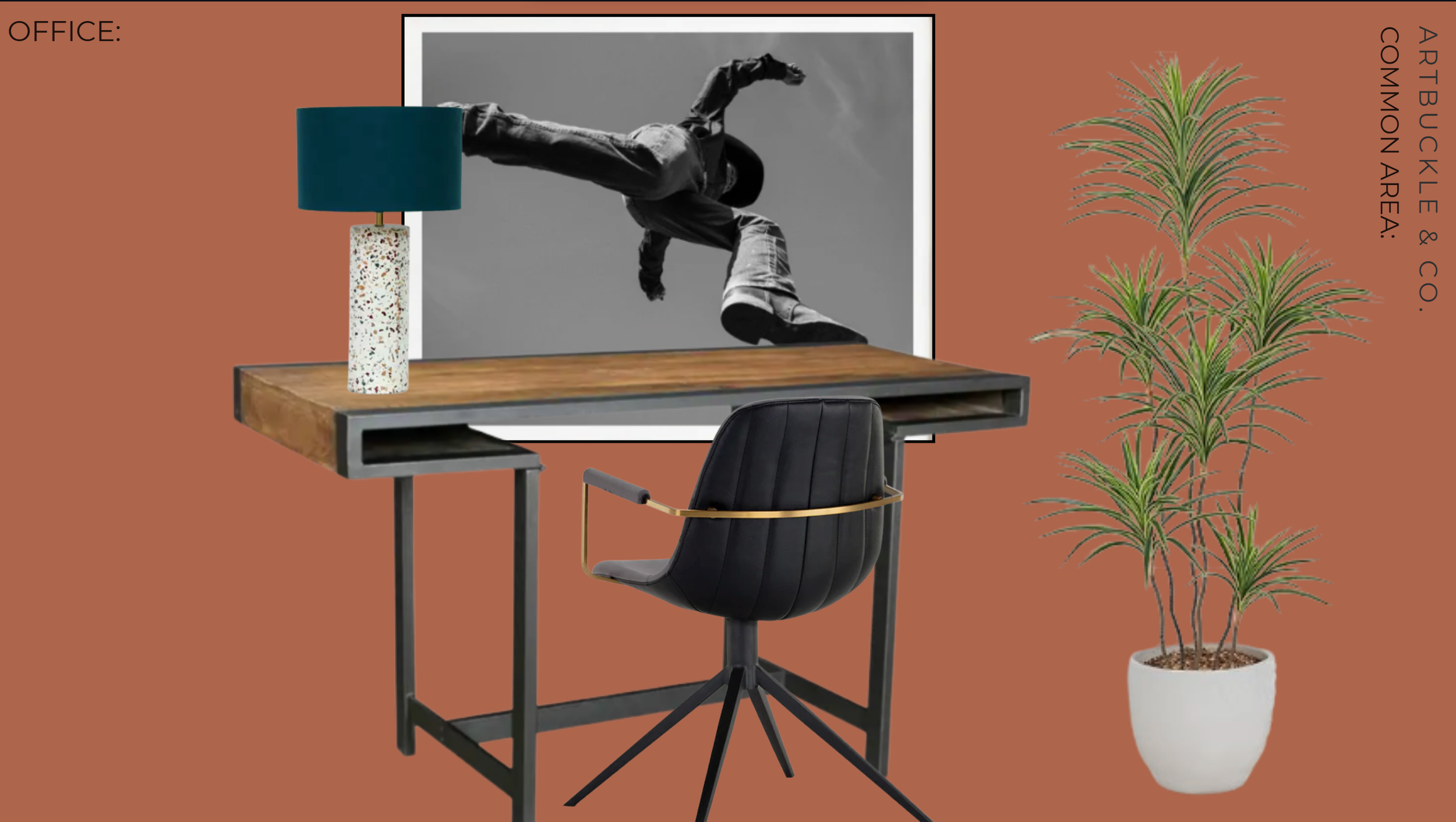 Co-working desk concept for Gateway Park in Dallas, TX, with a dark wood desk, black leather chair, desk lamp, potted plant, and terracotta accent wall, designed by Artbuckle & Co.