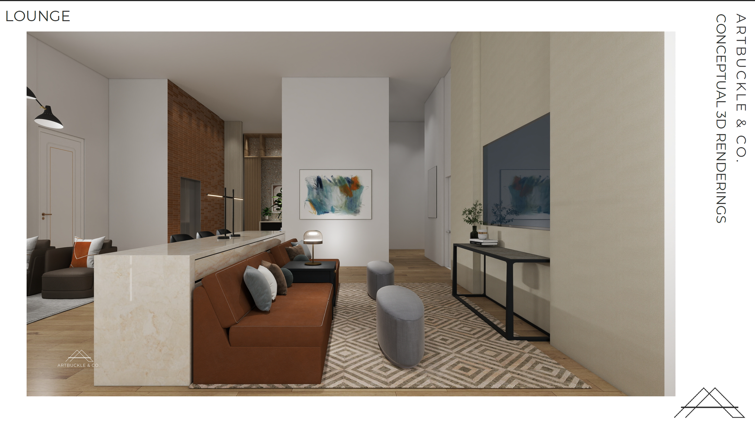 3D rendering of the lounge bar counter and seating nook at Beacon in Frisco, Texas, showing dark wood paneling, marble bar top, and cognac sofa, designed by Artbuckle & Co.