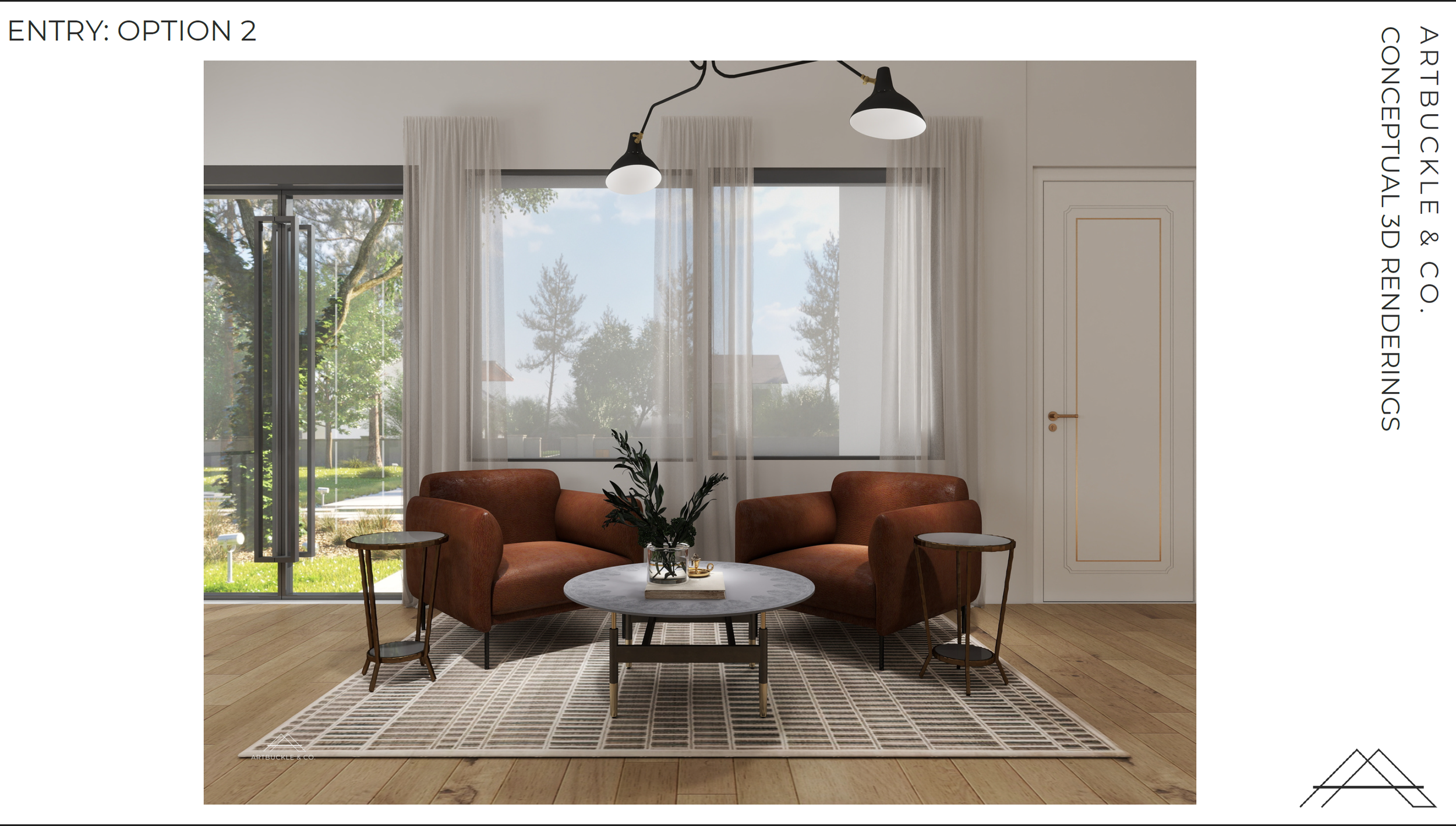 3D rendering of a lounge sitting nook at Beacon in Frisco, TX, featuring cognac leather armchairs, round coffee table, window drapes, and grid rug, designed by Artbuckle & Co.