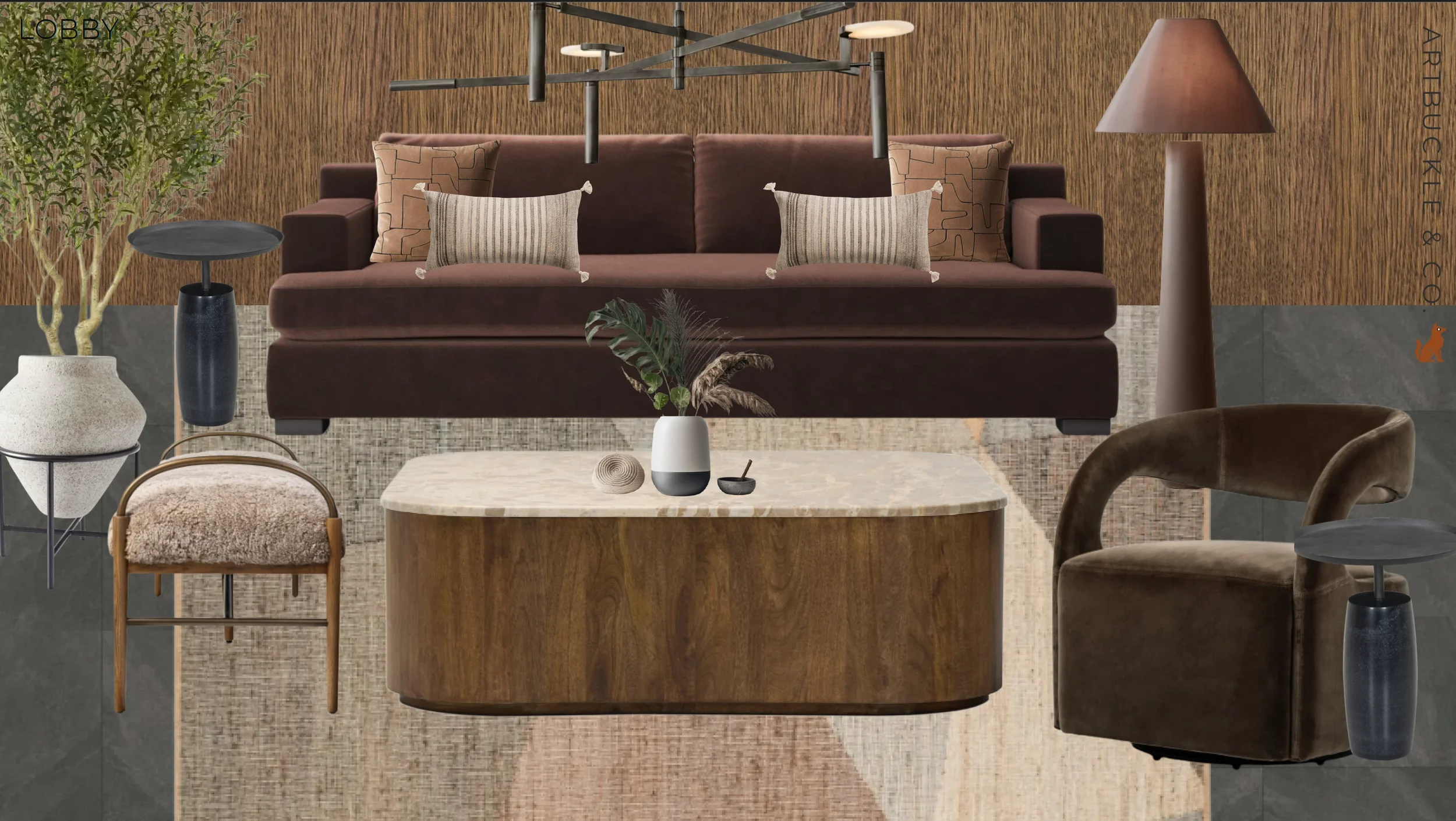 Lobby design board for The View in Frisco's Rail District with chocolate velvet sofa, stone-top coffee table and swivel chair. Designed by Artbuckle & Co.