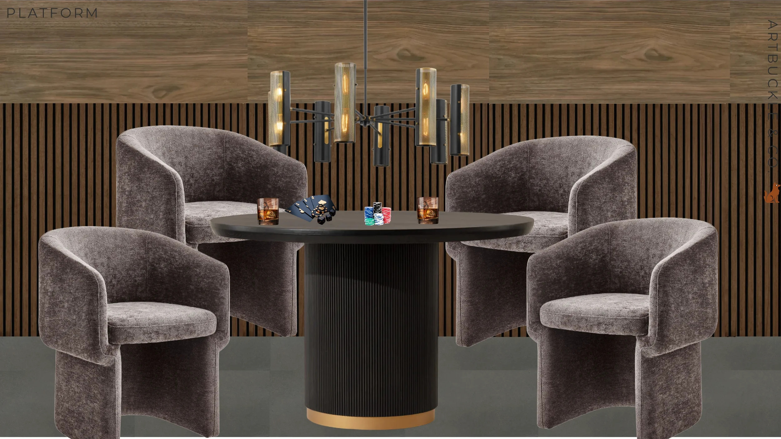 Game table design board for The Platform in Frisco, TX with velvet chairs and walnut slat wall. Designed by Artbuckle & Co.