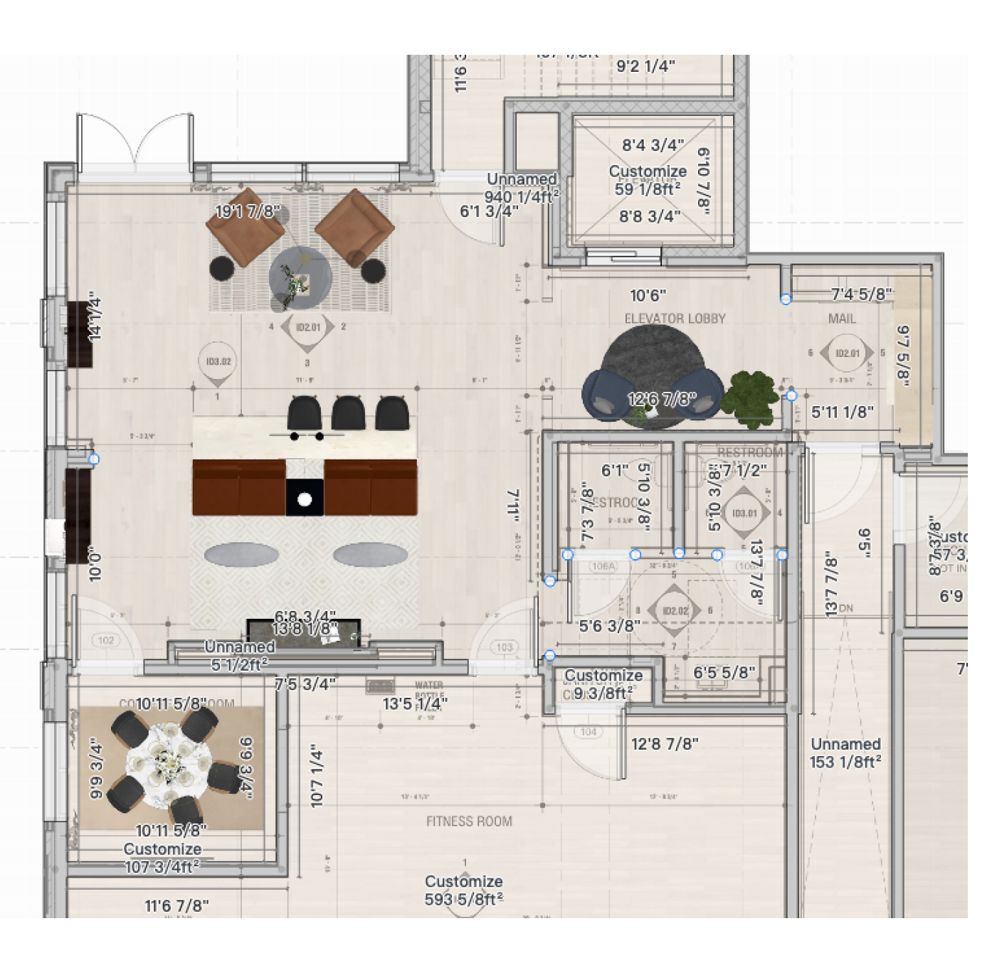 Space planning layout for the reception and amenity lounge at Beacon in Frisco, Texas, developed by Artbuckle & Co.