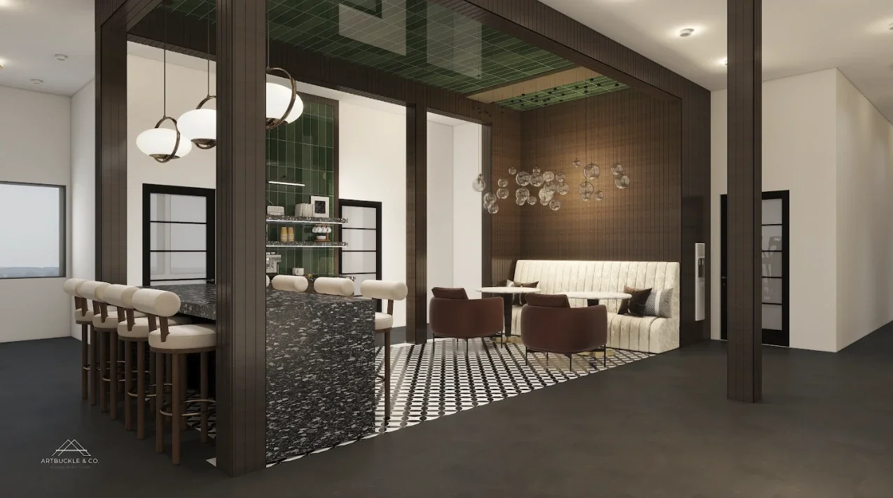 The Platform lounge rendering with terrazzo bar and green tile ceiling. Designed by Artbuckle & Co.