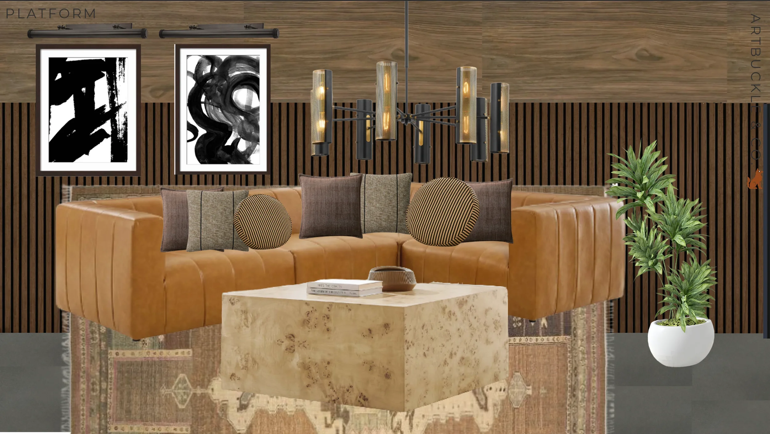 Lounge design board for The Platform in Frisco, TX with leather sectional and burl coffee table. Designed by Artbuckle & Co.