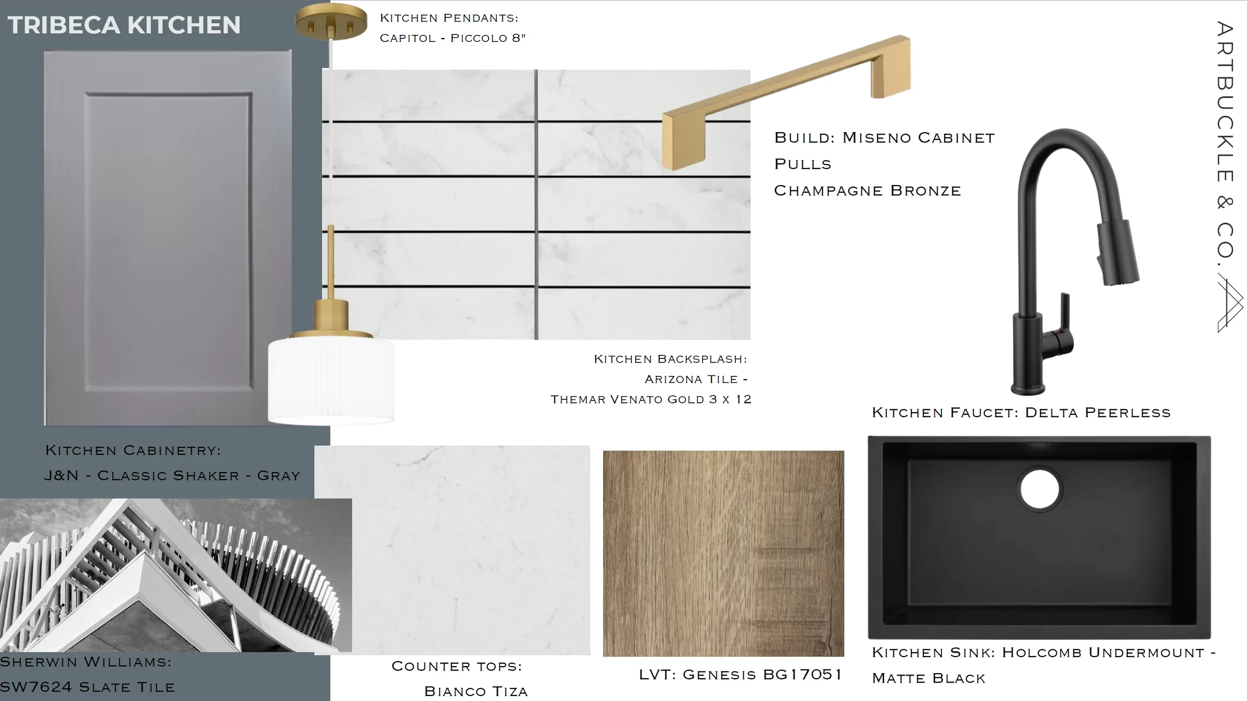 Tribeca kitchen finish board for The View in Frisco's Rail District with gray shaker cabinets and champagne bronze pulls. Designed by Artbuckle & Co.