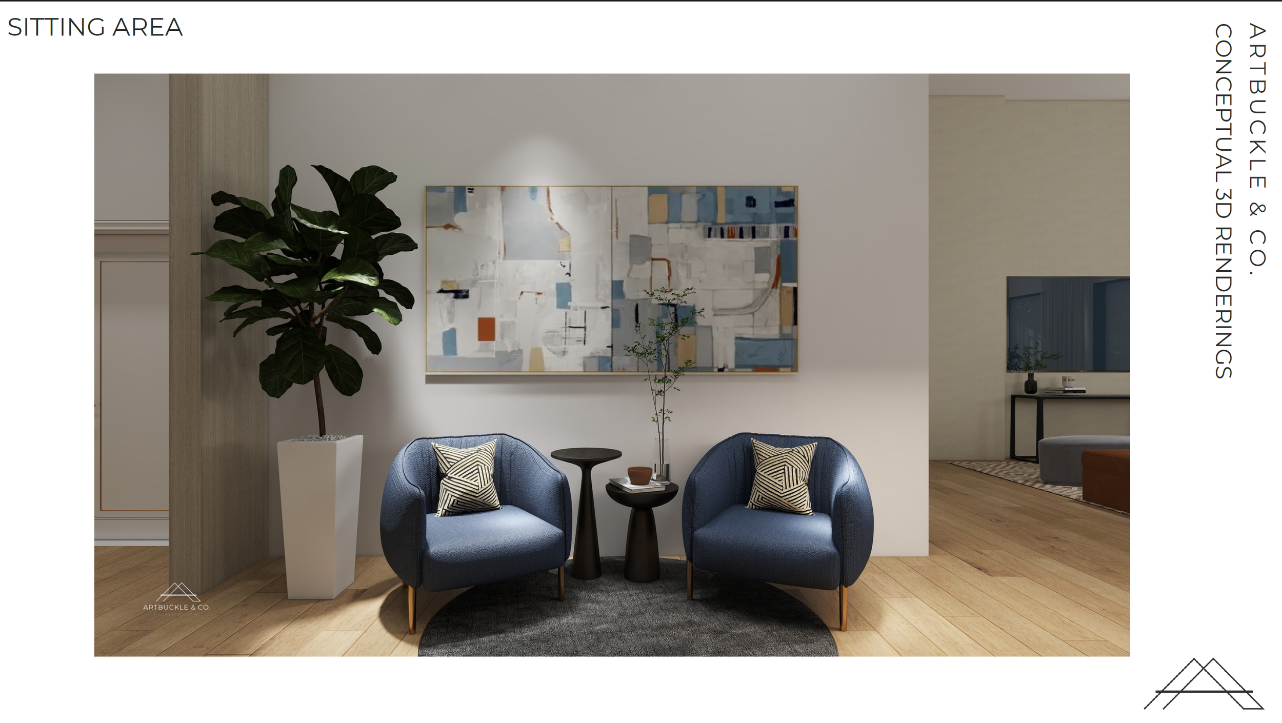 3D rendering of the reception sitting nook at Beacon in Frisco, TX, featuring deep blue velvet armchairs, potted tree, and abstract canvas art, designed by Artbuckle & Co.